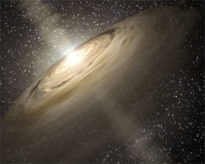 Artistbild &ouml;ver hur det aktuella stj&auml;rnsystemet kan se. det hela liknar en ung version av v&aring;rat eget solsystem.