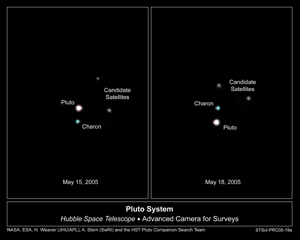 Dessa två bilder, tagna av Hubble, visar tydligt de två nyupptäcka månarna.