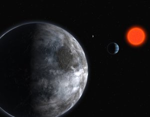 Artistbild &ouml;ver Gliese 581s planetsystem, i f&ouml;rgrunden syns Gliese 581c. 