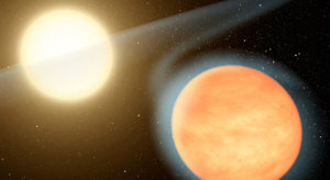 Artistbild �ver WASP-12b och dess moderstj�rna.