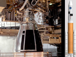 Till v&auml;nster syns RS-68-motorn och till h&ouml;ger NASAs nya stora raket.