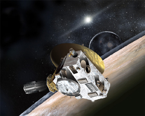 Artistbild över New Horizons i omloppsbana runt Pluto.