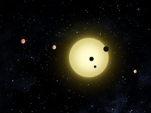 Artistbild av Kepler-11 med planeter.