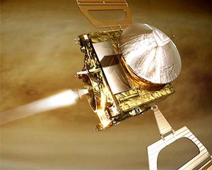 Artistbild över Venus Express under infångningsfasen.