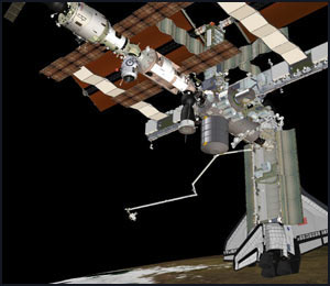 Artistbild över Discovery och ISS när dessa är dockade med varandra.