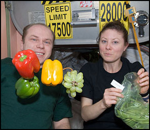 Oleg Kotov (ISS-befälhavre) och Tracy Caldwell Dyson har fruktstund ombord på ISS tidigare under uppdraget.
